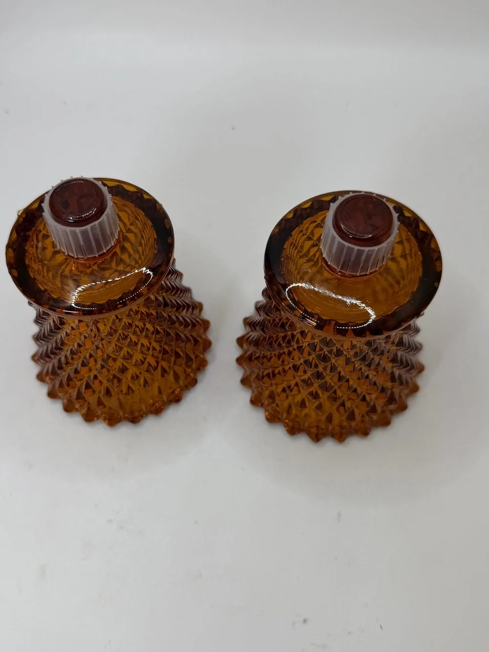 Pair Vintage Honey Amber Diamond Cut Glass Votive Cup Candle Tulip.